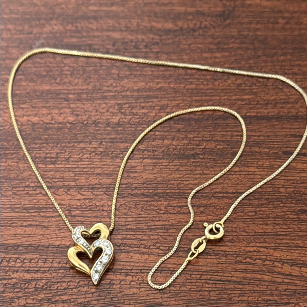 Gold and Silver Double Love Heart Pendant 16” .925 Gold CZ Necklace